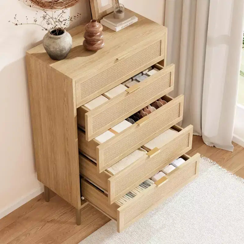 Commode 5 tiroirs en rotin, commode étroite de 112 cm de haut, commode en bois de style ferme avec pieds en métal, armoire de chambre, chêne