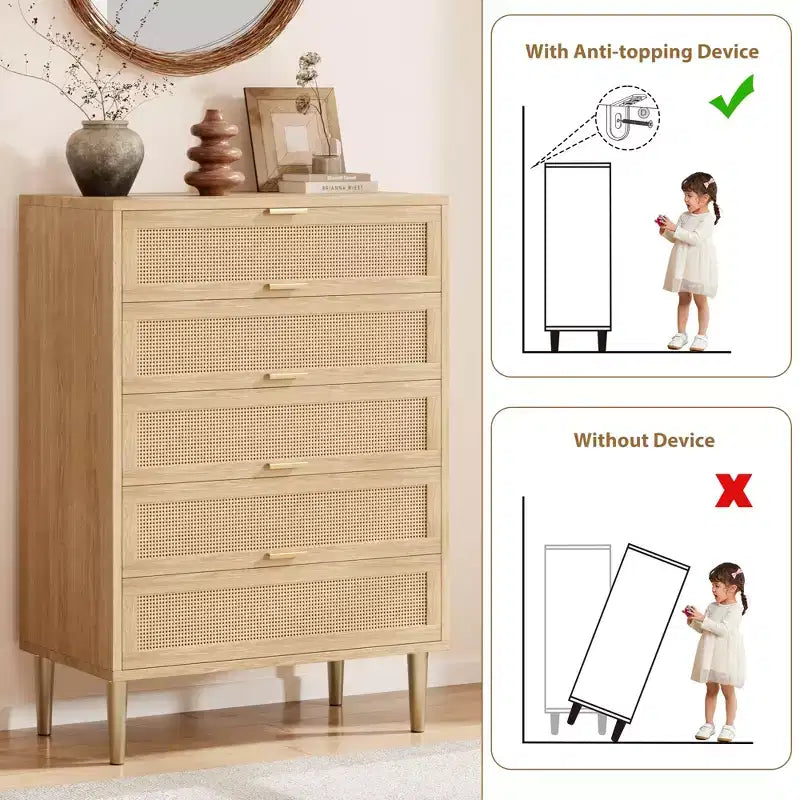 Commode 5 tiroirs en rotin, commode étroite de 112 cm de haut, commode en bois de style ferme avec pieds en métal, armoire de chambre, chêne