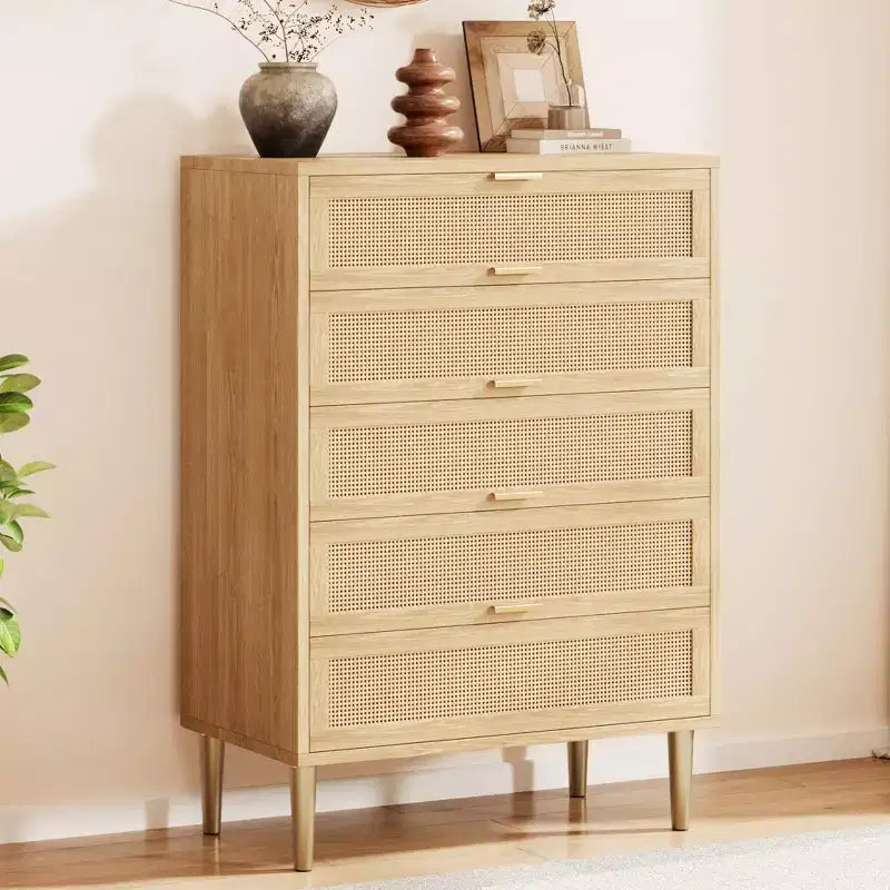 Commode 5 tiroirs en rotin, commode étroite de 112 cm de haut, commode en bois de style ferme avec pieds en métal, armoire de chambre, chêne