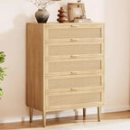 Commode 5 tiroirs en rotin, commode étroite de 112 cm de haut, commode en bois de style ferme avec pieds en métal, armoire de chambre, chêne