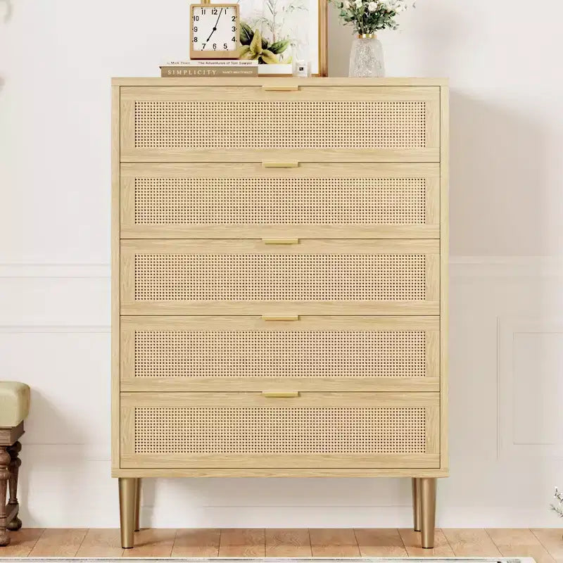 Commode 5 tiroirs en rotin, commode étroite de 112 cm de haut, commode en bois de style ferme avec pieds en métal, armoire de chambre, chêne