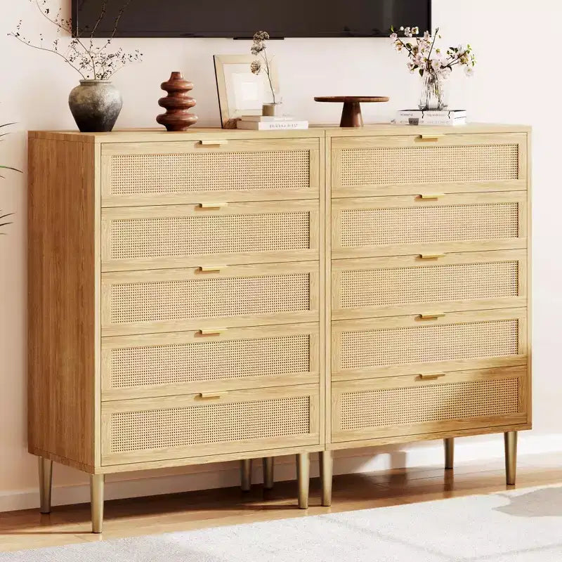 Commode 5 tiroirs en rotin, commode étroite de 112 cm de haut, commode en bois de style ferme avec pieds en métal, armoire de chambre, chêne