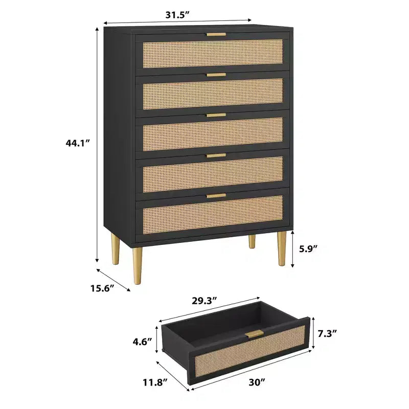 Commode 5 tiroirs en rotin, commode étroite de 112 cm de haut, commode en bois de style ferme avec pieds en métal, armoire de chambre, chêne
