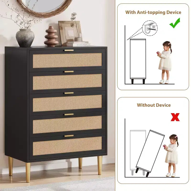 Commode 5 tiroirs en rotin, commode étroite de 112 cm de haut, commode en bois de style ferme avec pieds en métal, armoire de chambre, chêne