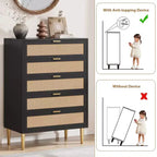 Commode 5 tiroirs en rotin, commode étroite de 112 cm de haut, commode en bois de style ferme avec pieds en métal, armoire de chambre, chêne