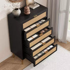 Commode 5 tiroirs en rotin, commode étroite de 112 cm de haut, commode en bois de style ferme avec pieds en métal, armoire de chambre, chêne