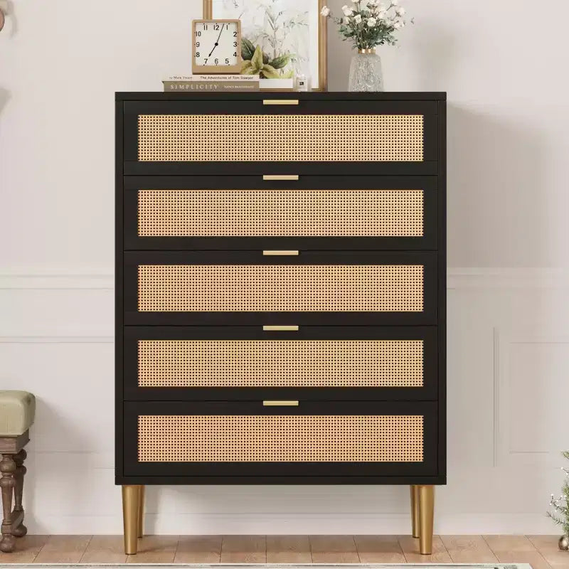 Commode 5 tiroirs en rotin, commode étroite de 112 cm de haut, commode en bois de style ferme avec pieds en métal, armoire de chambre, chêne