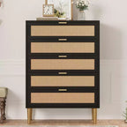 Commode 5 tiroirs en rotin, commode étroite de 112 cm de haut, commode en bois de style ferme avec pieds en métal, armoire de chambre, chêne