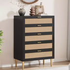 Commode 5 tiroirs en rotin, commode étroite de 112 cm de haut, commode en bois de style ferme avec pieds en métal, armoire de chambre, chêne