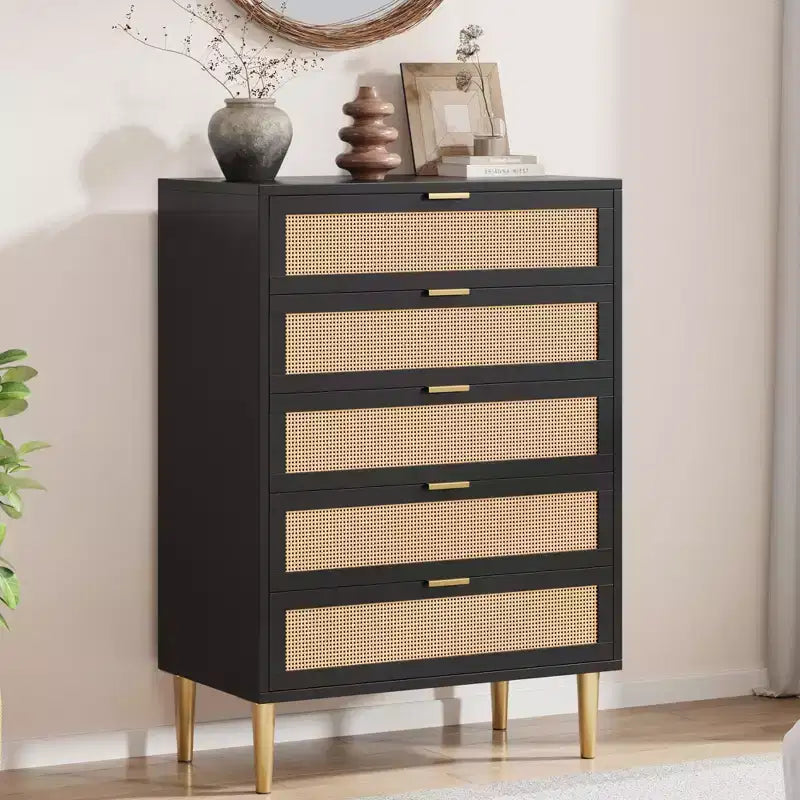 Commode 5 tiroirs en rotin, commode étroite de 112 cm de haut, commode en bois de style ferme avec pieds en métal, armoire de chambre, chêne