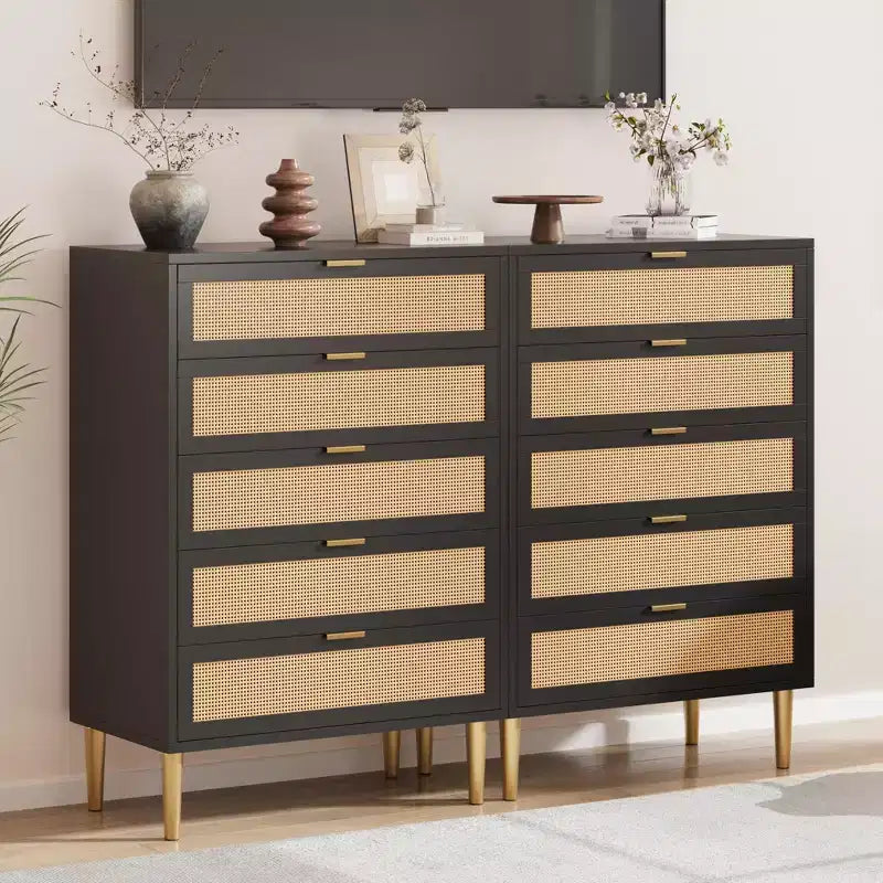 Commode 5 tiroirs en rotin, commode étroite de 112 cm de haut, commode en bois de style ferme avec pieds en métal, armoire de chambre, chêne