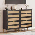 Commode 5 tiroirs en rotin, commode étroite de 112 cm de haut, commode en bois de style ferme avec pieds en métal, armoire de chambre, chêne