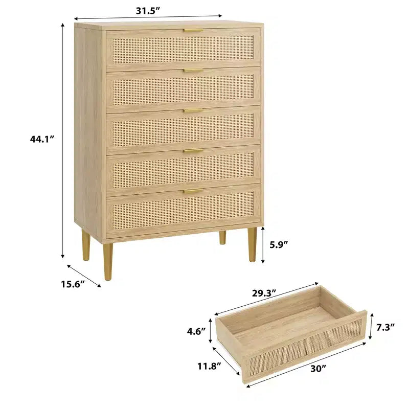 Commode 5 tiroirs en rotin, commode étroite de 112 cm de haut, commode en bois de style ferme avec pieds en métal, armoire de chambre, chêne