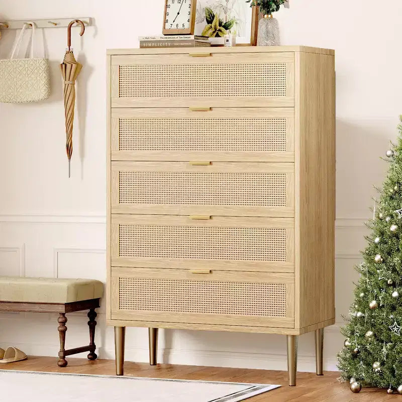 Commode 5 tiroirs en rotin, commode étroite de 112 cm de haut, commode en bois de style ferme avec pieds en métal, armoire de chambre, chêne