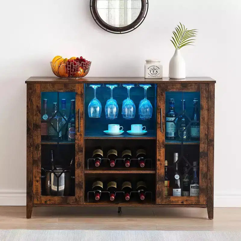 Wine Bar Cabinet with LED Light and Detachable Rack, Wine Cabinet with Mesh Door, Liquor Cabinet with Glass Holder, Coffee Bar for Liquor