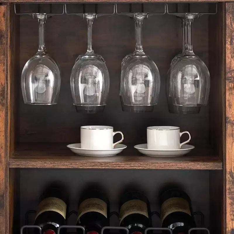 Meuble de bar à vin avec lumière LED et casier amovible, meuble à vin avec porte grillagée, meuble à alcool avec porte-verres, bar à café pour les alcools