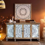 4-Door Hollow-Carved Accent Cabinet, Distressed Wood Storage Cabinet with adjustable shelves,unique design for Kitchen, Dining Room, Natural wood