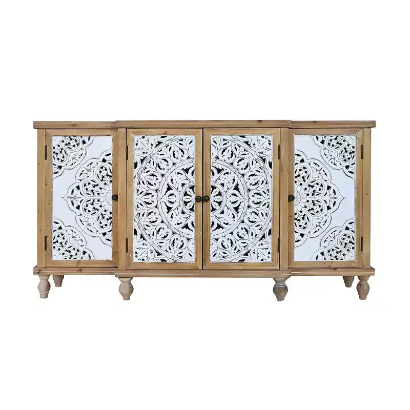 Meuble d'appoint 4 portes avec motifs ajourés, meuble de rangement en bois vieilli avec étagères réglables, design unique pour cuisine, salle à manger, bois naturel