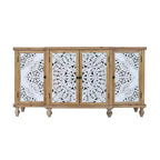 Meuble d'appoint 4 portes avec motifs ajourés, meuble de rangement en bois vieilli avec étagères réglables, design unique pour cuisine, salle à manger, bois naturel