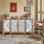 Meuble d'appoint 4 portes avec motifs ajourés, meuble de rangement en bois vieilli avec étagères réglables, design unique pour cuisine, salle à manger, bois naturel