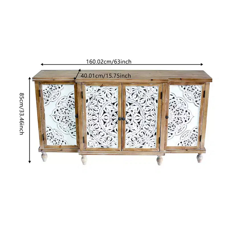 Meuble d'appoint 4 portes avec motifs ajourés, meuble de rangement en bois vieilli avec étagères réglables, design unique pour cuisine, salle à manger, bois naturel