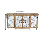 Meuble d'appoint 4 portes avec motifs ajourés, meuble de rangement en bois vieilli avec étagères réglables, design unique pour cuisine, salle à manger, bois naturel