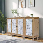 Meuble d'appoint 4 portes avec motifs ajourés, meuble de rangement en bois vieilli avec étagères réglables, design unique pour cuisine, salle à manger, bois naturel