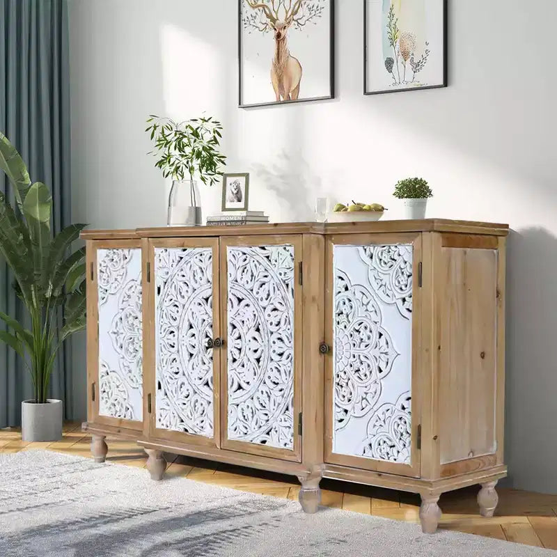Meuble d'appoint 4 portes avec motifs ajourés, meuble de rangement en bois vieilli avec étagères réglables, design unique pour cuisine, salle à manger, bois naturel