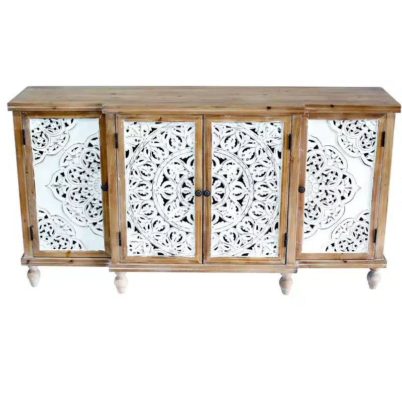 Meuble d'appoint 4 portes avec motifs ajourés, meuble de rangement en bois vieilli avec étagères réglables, design unique pour cuisine, salle à manger, bois naturel