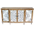 Meuble d'appoint 4 portes avec motifs ajourés, meuble de rangement en bois vieilli avec étagères réglables, design unique pour cuisine, salle à manger, bois naturel