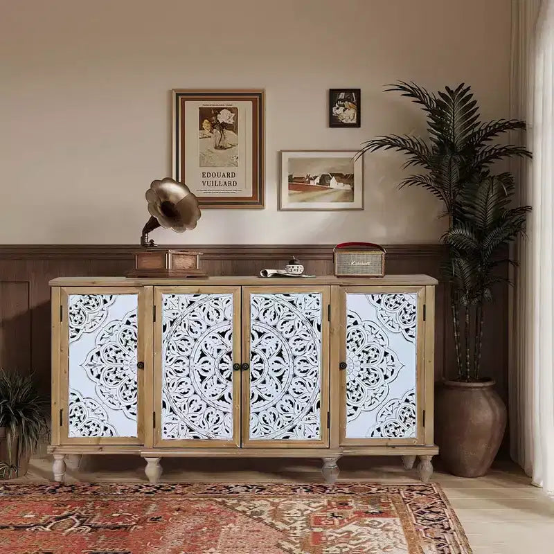 Meuble d'appoint 4 portes avec motifs ajourés, meuble de rangement en bois vieilli avec étagères réglables, design unique pour cuisine, salle à manger, bois naturel