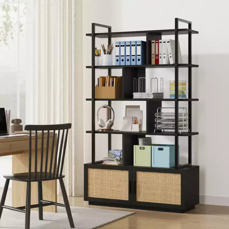 Bibliothèque industrielle de 180,6 cm de haut avec porte de rangement, étagère à livres, étagères de présentation ouvertes, bibliothèque avec cadre en métal pour salon