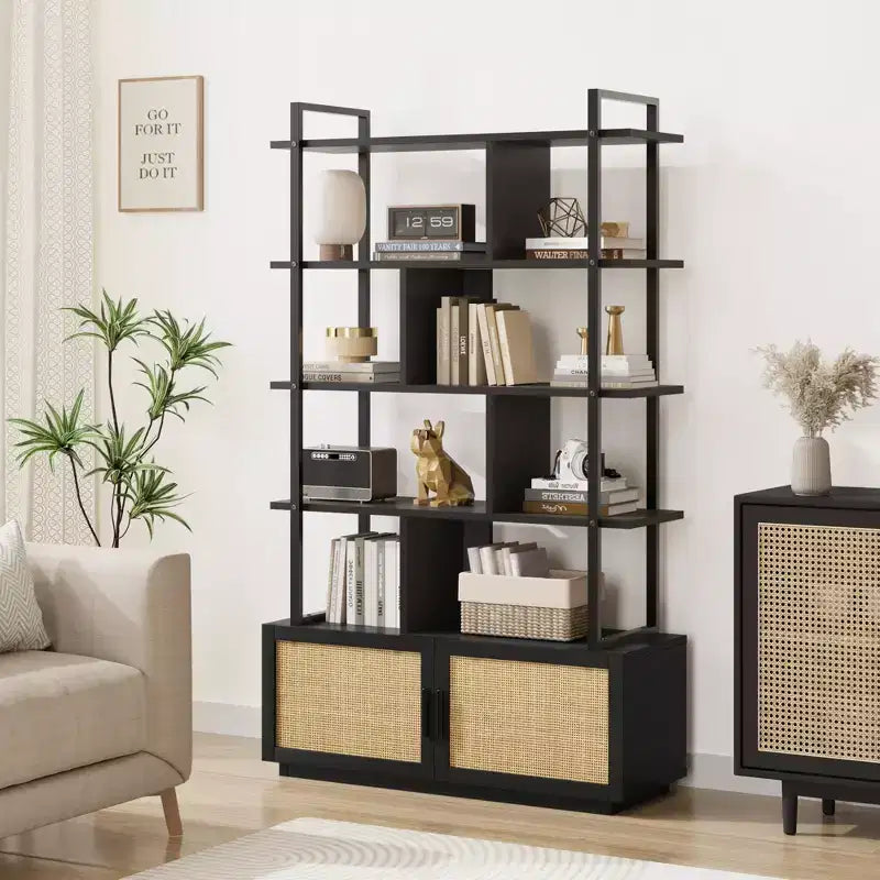 Bibliothèque industrielle de 180,6 cm de haut avec porte de rangement, étagère à livres, étagères de présentation ouvertes, bibliothèque avec cadre en métal pour salon