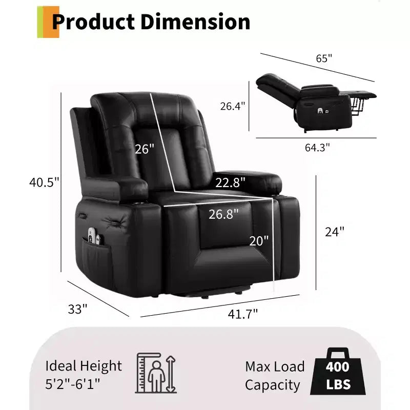 Fauteuil inclinable électrique surdimensionné avec fonctions chauffantes et massantes, fauteuil releveur électrique en cuir PU pour personnes âgées et à mobilité réduite, dossier et repose-jambes réglables