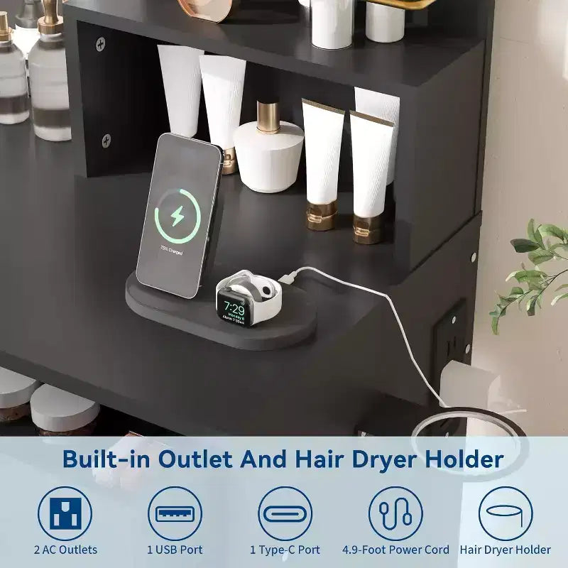 Coiffeuse avec miroir et lumières, meuble-lavabo avec station de charge