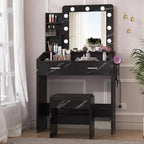 Vanity Desk with Mirror and Lights for Bedroom, Marble Black Modern Makeup Table with 2 Drawers