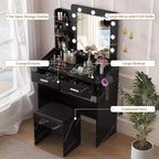 Coiffeuse avec miroir et lumières pour chambre à coucher, table de maquillage moderne noire marbre avec 2 tiroirs