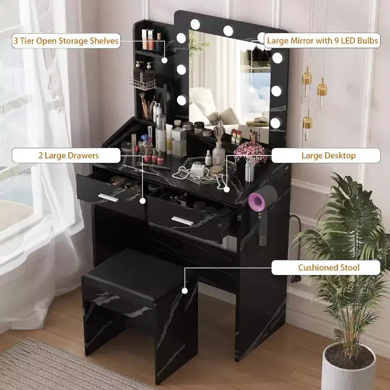 Coiffeuse avec miroir et lumières pour chambre à coucher, table de maquillage moderne noire marbre avec 2 tiroirs