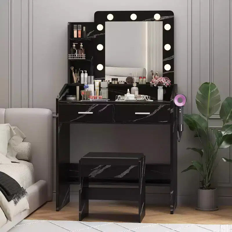 Coiffeuse avec miroir et lumières pour chambre à coucher, table de maquillage moderne noire marbre avec 2 tiroirs