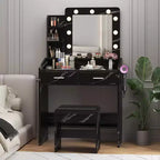 Coiffeuse avec miroir et lumières pour chambre à coucher, table de maquillage moderne noire marbre avec 2 tiroirs