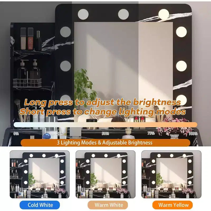 Coiffeuse avec miroir et lumières pour chambre à coucher, table de maquillage moderne noire marbre avec 2 tiroirs