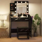 Coiffeuse avec miroir et lumières pour chambre à coucher, table de maquillage moderne noire marbre avec 2 tiroirs