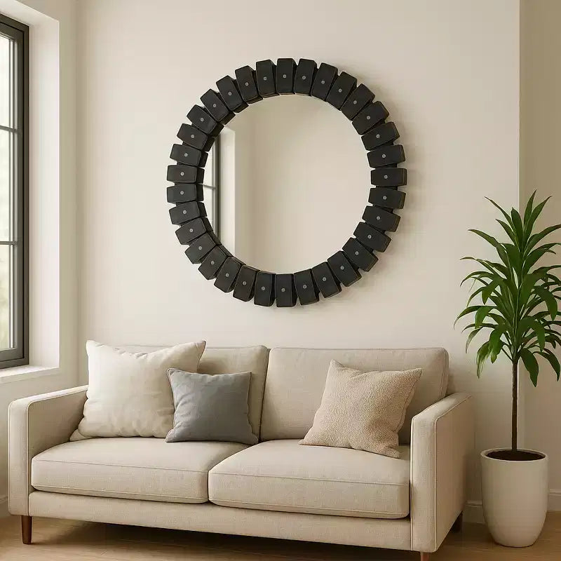 Grand miroir décoratif rond en carreaux de marbre pour la décoration de chambre - Miroir mural contemporain pour salle de bain, dortoirs et décoration d'accent de couloir - 35, Noir