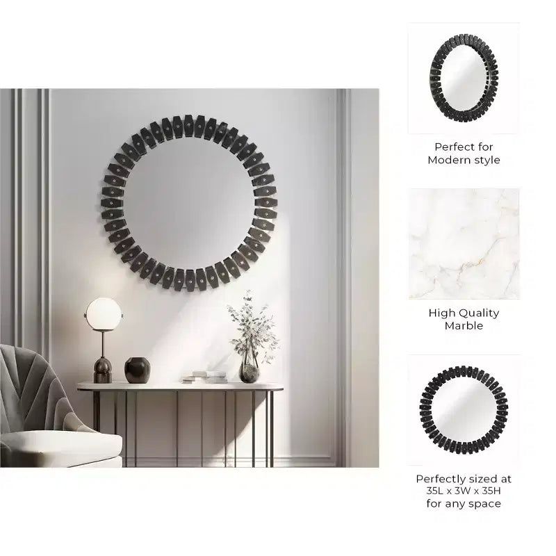 Grand miroir décoratif rond en carreaux de marbre pour la décoration de chambre - Miroir mural contemporain pour salle de bain, dortoirs et décoration d'accent de couloir - 35, Noir