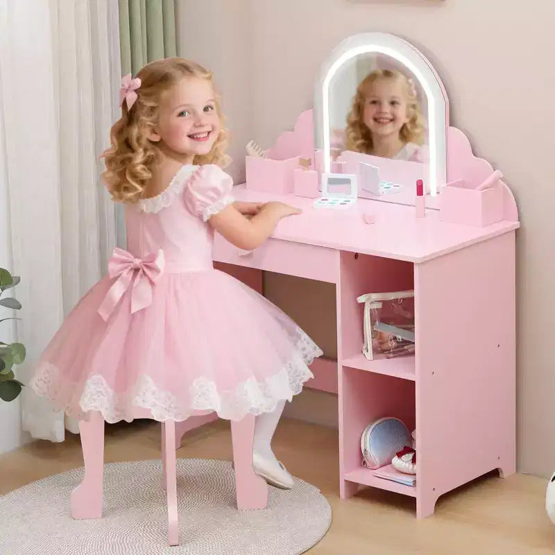 Kids Vanity with Lighted Mirror & Stool, 2 In 1 Makeup Vanity with Storage Drawer & Shelves for Girls 3-9 Pink