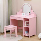 Coiffeuse pour enfants avec miroir lumineux et tabouret, coiffeuse 2 en 1 avec tiroir de rangement et étagères pour filles de 3 à 9 ans, rose