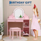 Coiffeuse pour enfants avec miroir lumineux et tabouret, coiffeuse 2 en 1 avec tiroir de rangement et étagères pour filles de 3 à 9 ans, rose