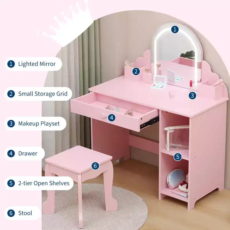 Coiffeuse pour enfants avec miroir lumineux et tabouret, coiffeuse 2 en 1 avec tiroir de rangement et étagères pour filles de 3 à 9 ans, rose