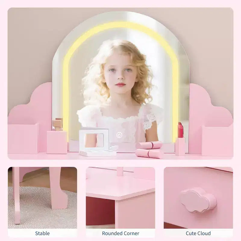 Coiffeuse pour enfants avec miroir lumineux et tabouret, coiffeuse 2 en 1 avec tiroir de rangement et étagères pour filles de 3 à 9 ans, rose