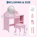 Coiffeuse pour enfants avec miroir lumineux et tabouret, coiffeuse 2 en 1 avec tiroir de rangement et étagères pour filles de 3 à 9 ans, rose